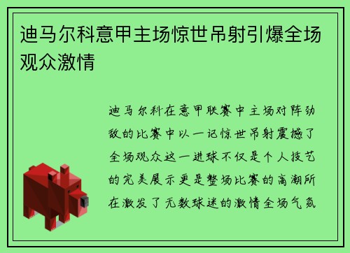 迪马尔科意甲主场惊世吊射引爆全场观众激情